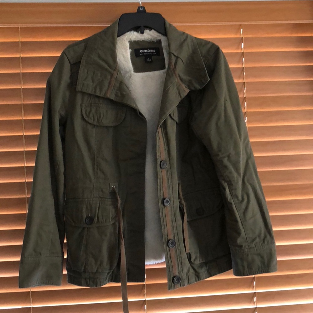 Olive green cargo jacket with faux fur lining